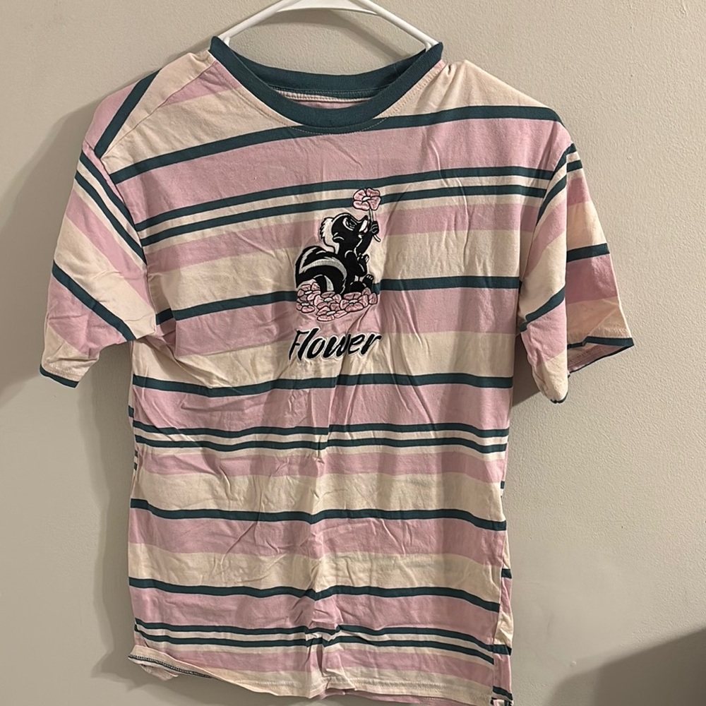 Pink and White Striped Short Sleeve Tee with Crew Neck